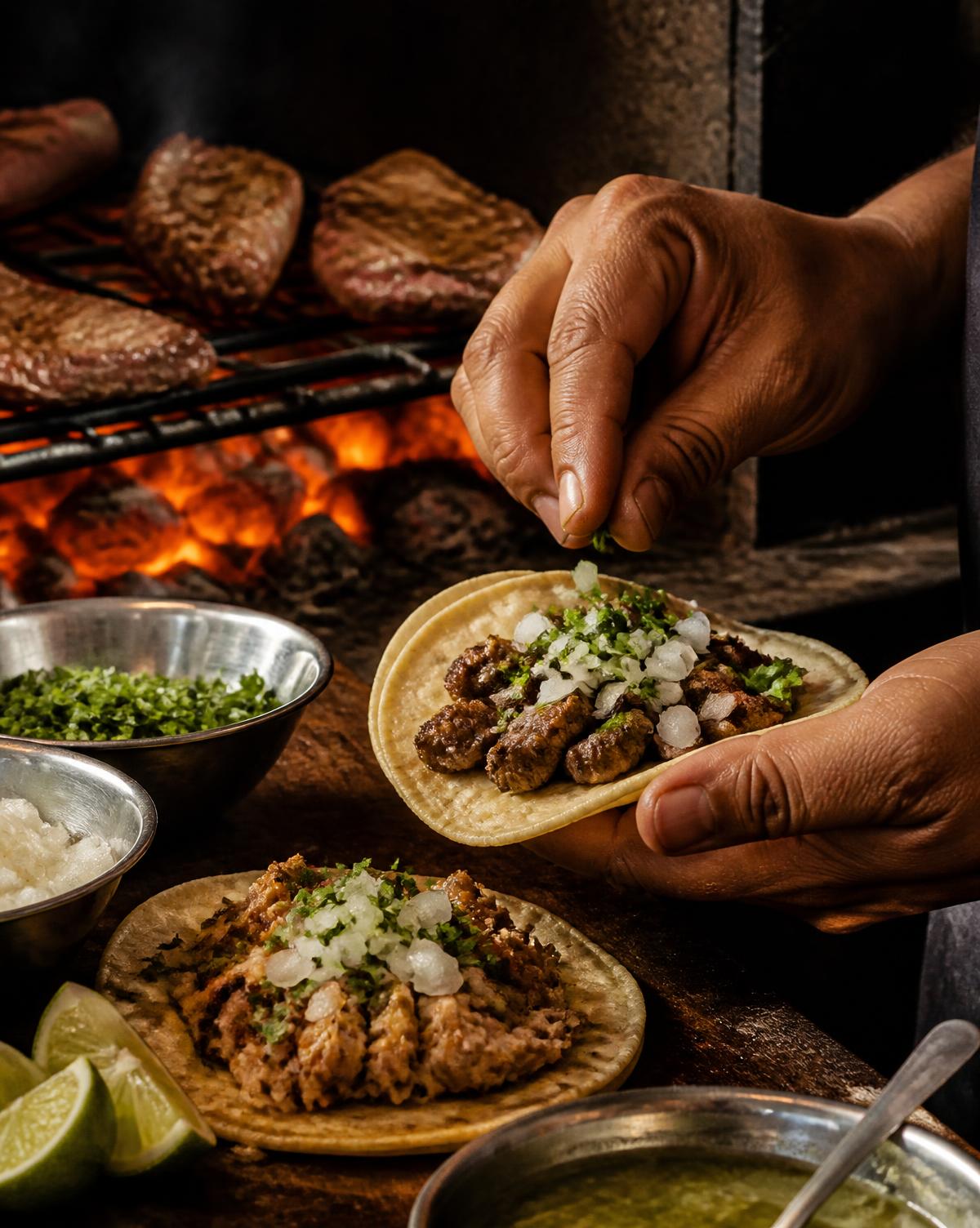 Tacos de bistec preparados junto al carbón encendido