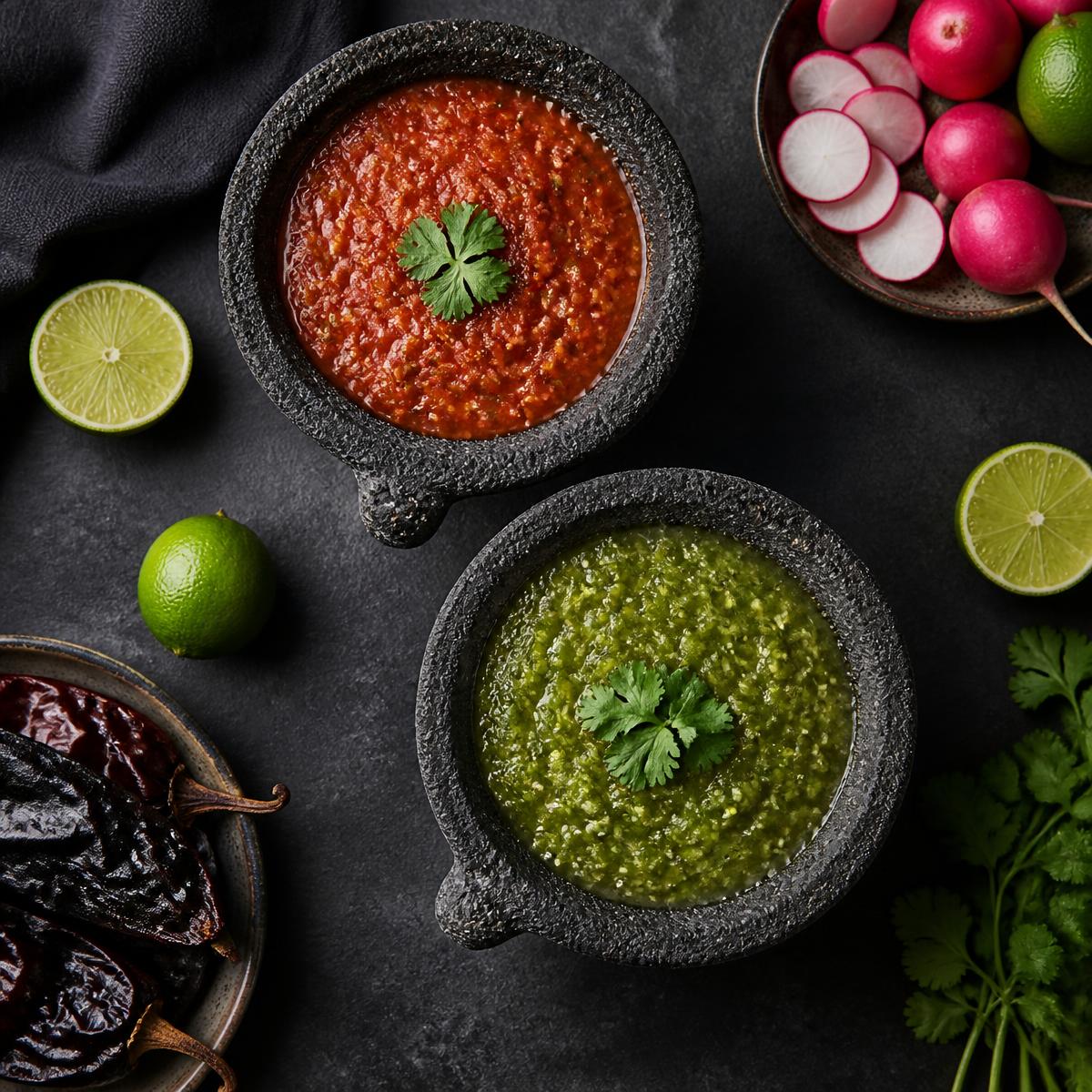 Salsas rojas y verdes en molcajetes de piedra