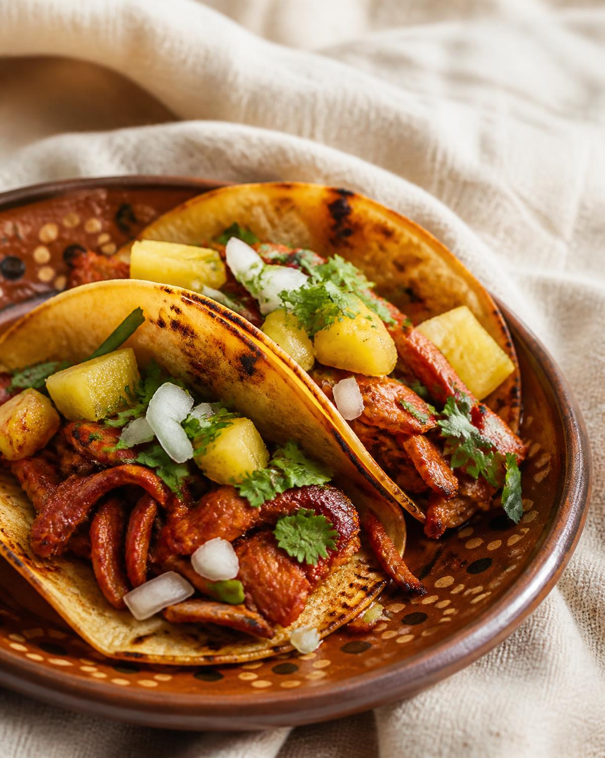 Tacos al pastor con piña, cebolla y cilantro